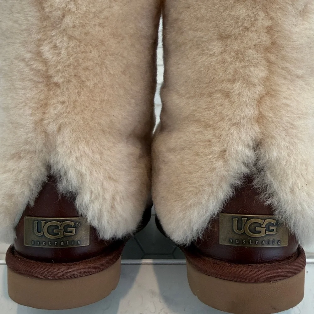 UGG PATTEN Shearling Cuff Chestnut Brown Leather Boots Women’s Size 6